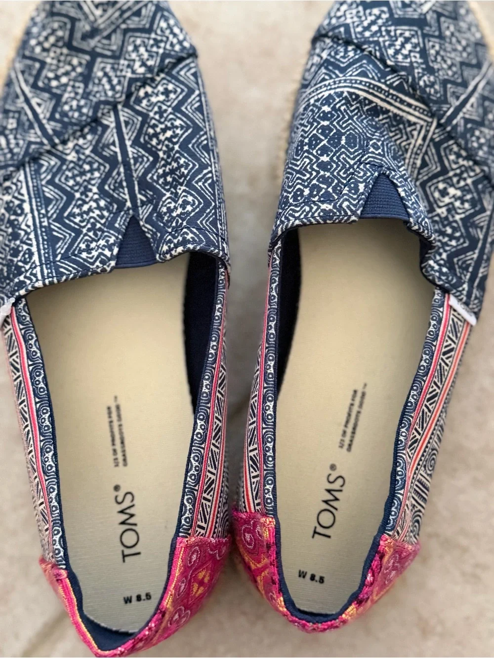 TOMS Navy Printed Canvas Alpargata Slip-Ons with Pink Accent